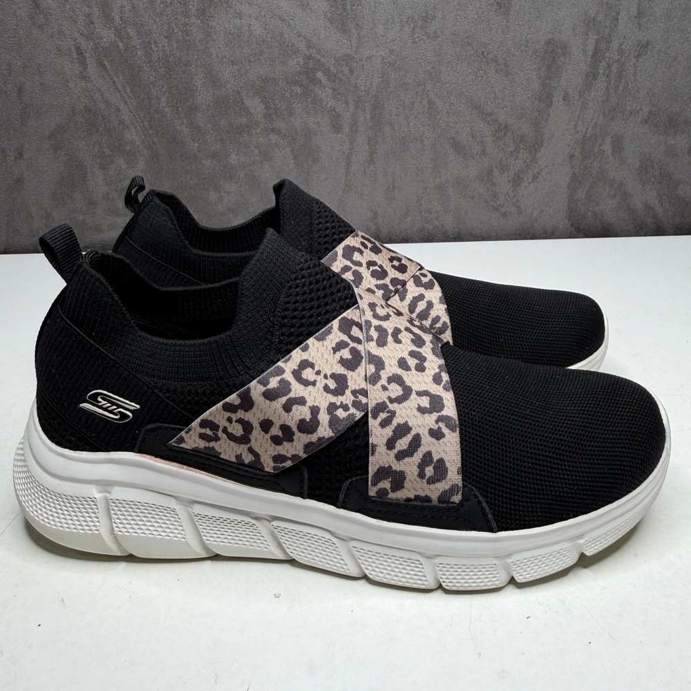 Skechers Bobs Sport Squad Chaos Womens 9.5 Black Leopard Print Slip On Sneakers